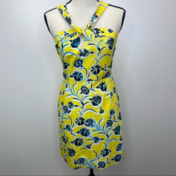 Topshop Twist Neckline Yellow Printed Shift Dress - Picture 2 of 10